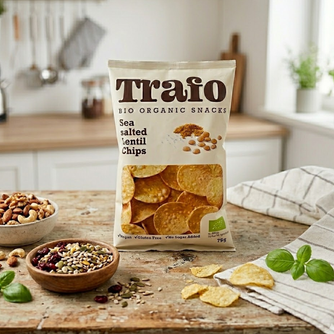 Trafo sea salted lentil chips 75g package on a kitchen counter